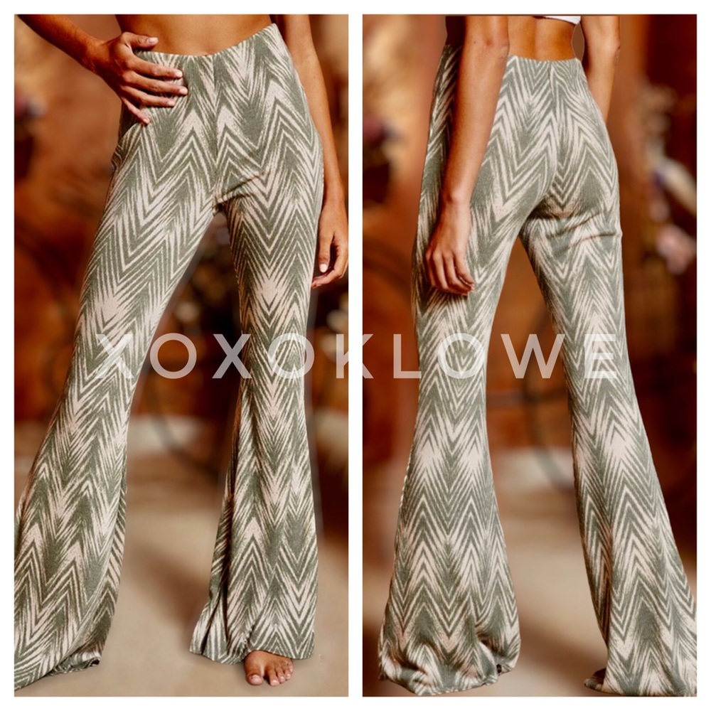 BUCKETLIST Green and White Flare Pants